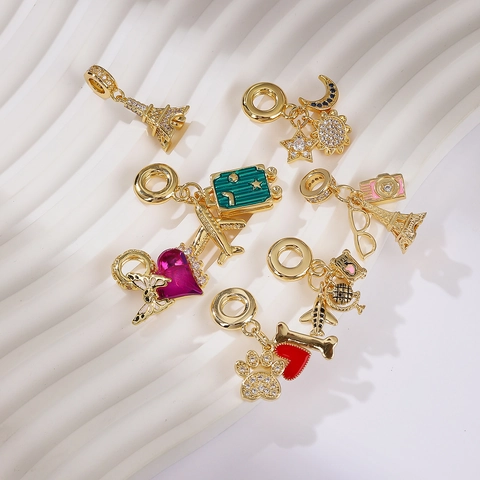 Travel Diary Pendants 18K Gold Plated Copper Zircon Enamel Eiffel Tower Plane Heart For Necklace Bracelet