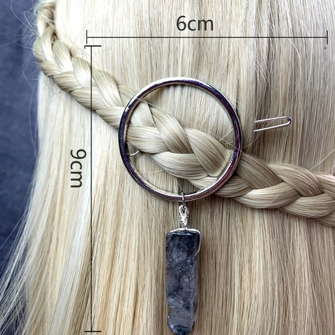 Natural Crystal Hair Clip With Round Alloy Metal Ring And Rectangular Gemstone Pendant Minimalist Boho Hair Accessory