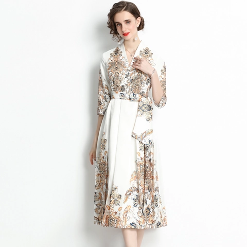 Robe Midi Imprimé Paisley Vintage Col V Polyester Manches Trois Quarts Avec Ceinture Style Cour Française Élégant