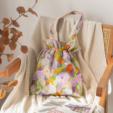 Borsa Tote Artistica In Tela Di Cotone Con Stampa Floreale Grande Capacità Borsa A Tracolla Con Coulisse Per Donna