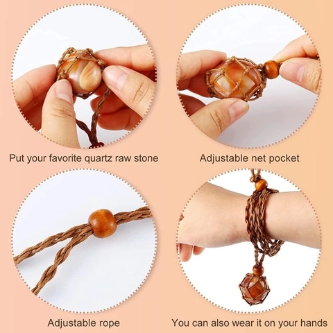 Adjustable Woven Net Pocket Necklace Cloth Cord Wood Bead Vintage Ethnic Stone Holder DIY Empty Cage For Men Women