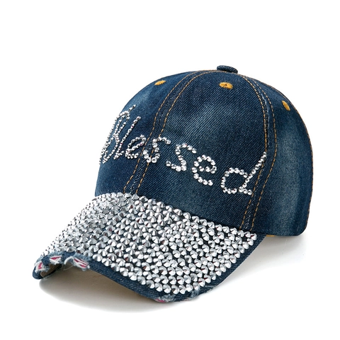 Cappello Da Baseball In Denim Con Lettera Blessed Tesa Con Strass Cappello Regolabile Streetwear