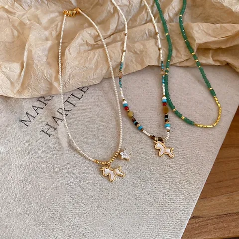Beaded Anhänger Halskette Naturstein Künstliche Perlen Pferd Welpe Charm Zirkon Stern Herz Luxus Schmuck Für Damen