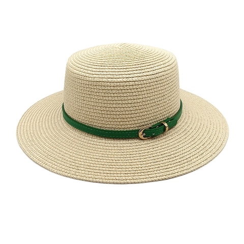 Women Straw Boater Hat Flat Top Wide Brim Sun Protection Summer Beach Travel Retro Woven Breathable With Buckle Belt