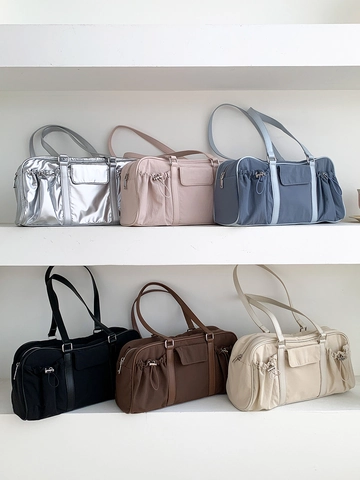 Nylon Umhängetasche Große Kapazität Kordelzug Gerüschte Seitentasche PU Leder Urban Casual Damen Boston Tasche