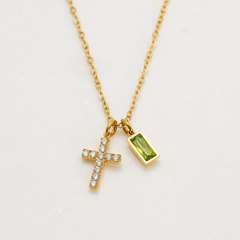 Collana Con Ciondolo A Croce Placcata Oro 18K Acciaio Inossidabile 304 Con Pietra Portafortuna Mensile Rettangolare Zircone