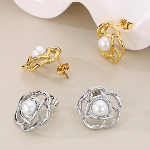 Pendientes De Perlas Artificiales De Flor De Camelia Acero De Titanio Pétalo De Rosa Hueco Joyería Elegante Mujer Oro Plata