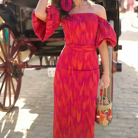Dames Boho Vakantie Rok Top En Maxi Rok Tie Dye Abstracte Print Off Shoulder Pofmouwen Polyester