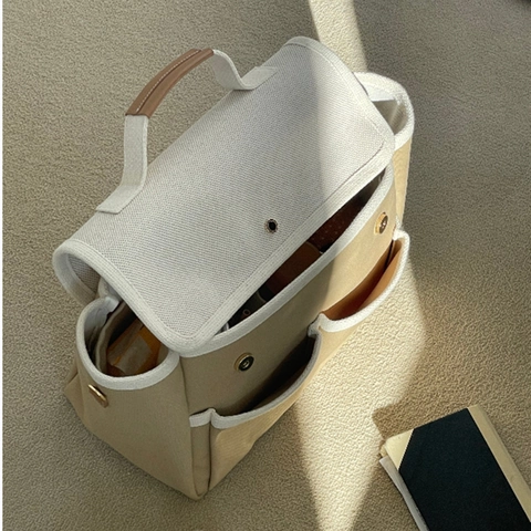 Canvas Crossbody Diaper Bag Women Multi Pocket Patchwork Minimalist Shoulder Handheld Commute Large Capacity