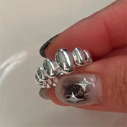 Anello In Argento Sterling 925 Perline Ovali Trama A Bolle Irregolare Aperto Regolabile Gioielli Geometrici Minimalisti