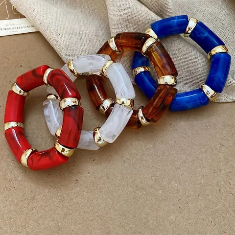 Bamboo Joint Bracelet Acrylic Resin Marble Texture With Alloy Metal Rings Elastic Stretch Retro Bangle For Women