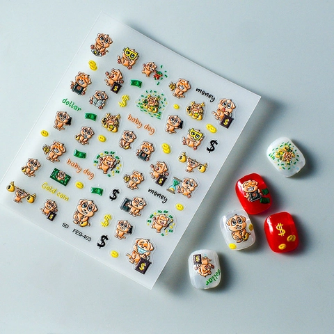 5D Reliëf Nagel Stickers 3D Stereoscopisch Waterdicht Schattig Cartoon Hond Geld Patroon Zelfklevend Nail Art