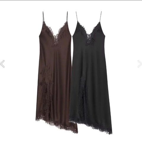 Vestito Cami In Raso Di Acetato Con Bordi In Pizzo Da Donna Scollo A V Orlo Asimmetrico Spalline Sottili Elegante