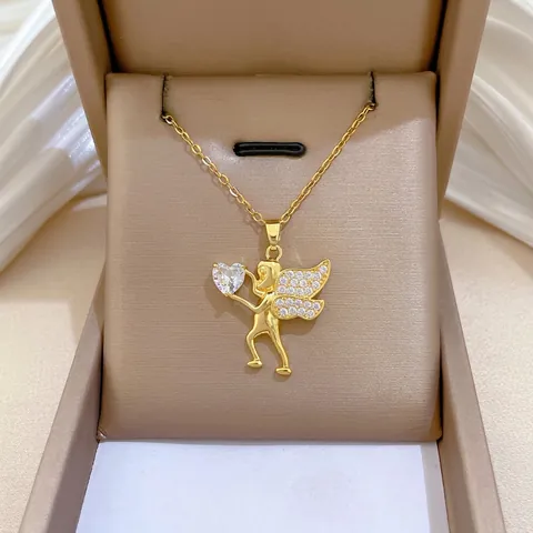 Angel Cupid Pendant Necklace Heart Shaped Cubic Zirconia Titanium Steel Chain Copper Jewelry For Women Elegant