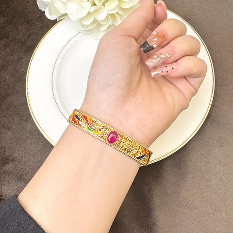 Bracciale Aperto Vintage Drago e Fenice Smalto Placcato Oro Rame Filigrana Vuota Bracciale Rigido Strass Donna Gioielli
