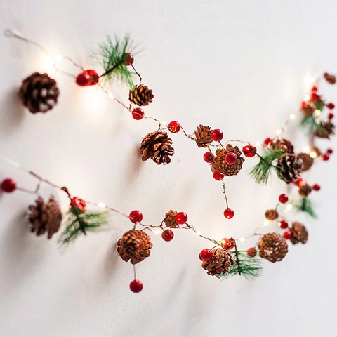 Guirnalda Luces LED Navidad Piña Baya Roja Aguja De Pino Blanco Cálido A Batería Decoración Árbol Navidad Hogar Rústico
