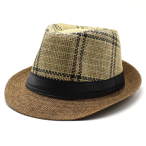 Unisex Stroh Fedora Hut Karo Gewebtes Papier Sommer Strand Sonnenschutz Atmungsaktiv Urlaub Jazz Kappe Mit Schwarzem Band