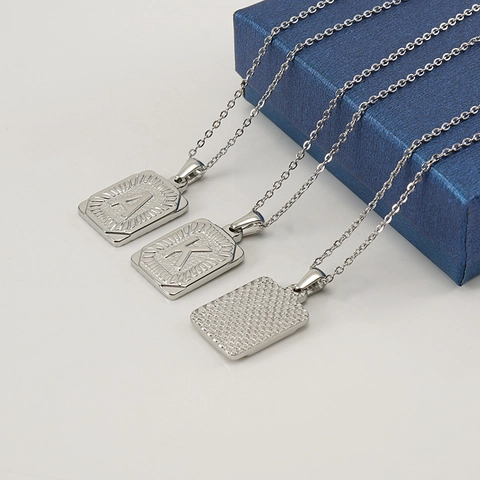 Square Letter Initial Pendant Necklace Stainless Steel Clavicle Chain Sunburst Texture Minimalist Trendy Jewelry
