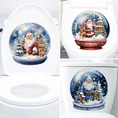 Autocollants Toilettes Noël Père Noël Renne Boule Cristal Flocon Neige PVC Amovible Étanche Décoration Salle De Bain