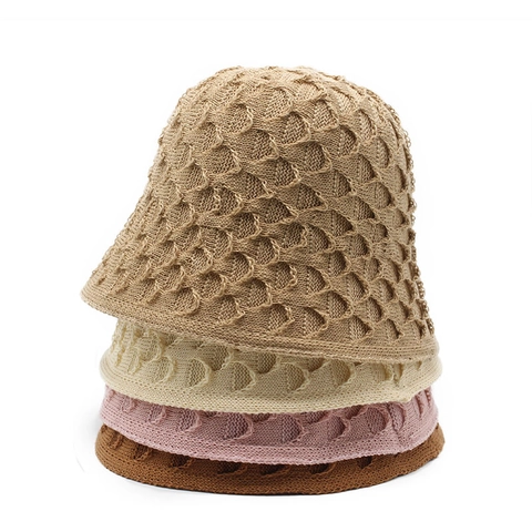 Women Hollow Crochet Cotton Knitted Bucket Hat Fish Scale Pattern Breathable Summer Beach Sun Protection Japanese Style