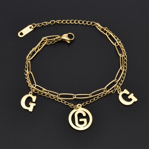 Double Layer Bracelet Stainless Steel G Letter Charm Hollow Link Chain Fashion Jewelry For Women Elegant Adjustable Gold