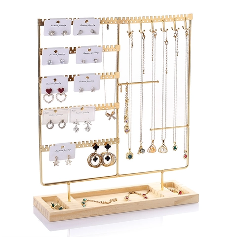 Jewelry Display Stand Iron Metal Organizer With Wood Base For Earrings Necklaces Bracelets Rings Nordic Style Desktop