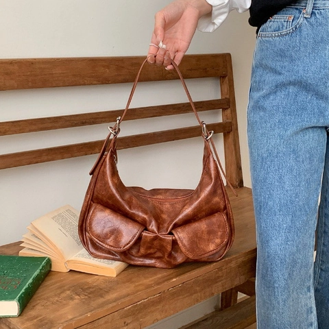 Women Vintage PU Leather Shoulder Bag Double Front Flap Pockets Retro Underarm Baguette Bag Soft Versatile Chic