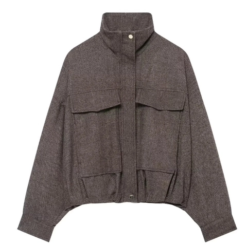 Giacca Bomber Da Donna Con Motivo A Spina Di Pesce Collo Alto Grandi Tasche A Patta Vestibilità Ampia Cerniera Cappotto In Tweed Casual