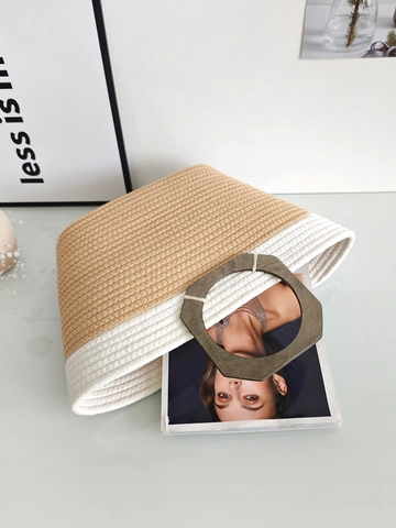 Gewebte Tragetasche Baumwollseil Farblock Mit Holzgriff Retro Sommer Handtasche Für Damen