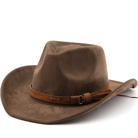 Cappello Da Cowboy Occidentale Scamosciato Tesa Larga Stile Vintage Fedora Con Cintura Con Fibbia Uomo Donna
