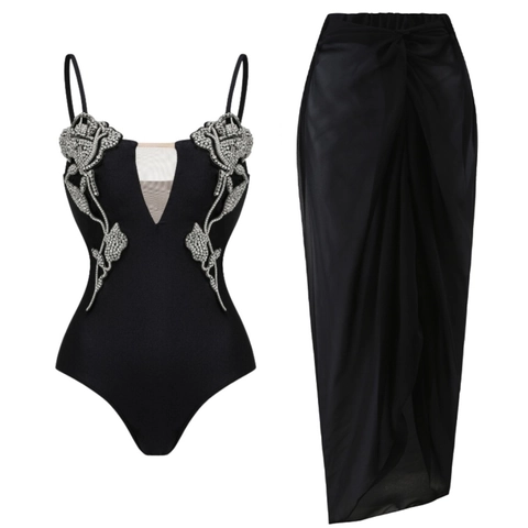 One Piece Swimsuit Rhinestone Rose Deep V Neck Mesh Patchwork Spaghetti Strap And Long Wrap Skirt For Women Vacation