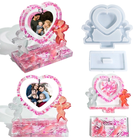Moule Silicone Cadre Photo Cœur Ange Cupidon Et Base Outil Moulage Résine Avec Chaînes Perles Décoration Bureau Cadeau
