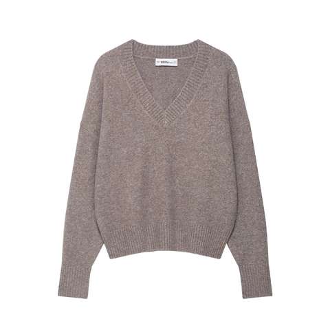 Women V Neck Knit Sweater Long Sleeve Ribbed Cuffs Drop Shoulder Solid Color Casual Elegant Pullover Top