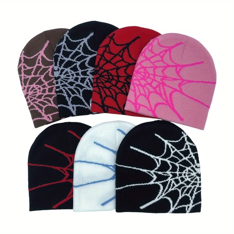Beanie Mütze Acryl Gestrickt Spinnennetz Muster Jacquard Warm Winter Streetwear Gothic Hip Hop Unisex