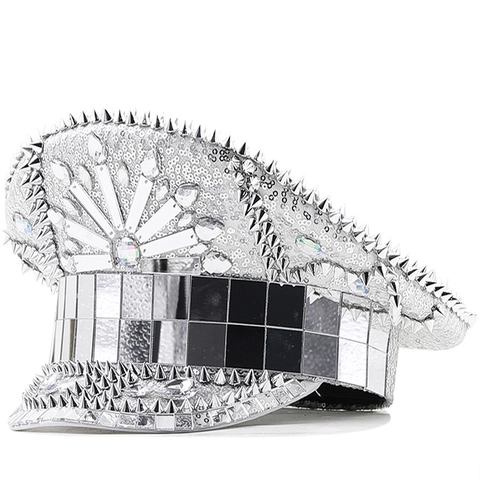 Gorra Militar De Lentejuelas Plateadas Con Remaches Metálicos Y Azulejos De Espejo Diamantes De Imitación Disco Fiesta