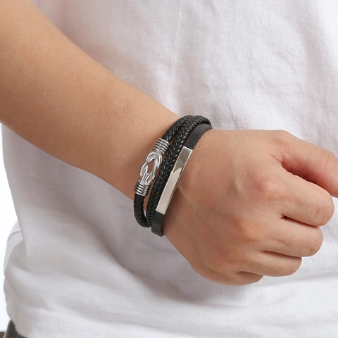 Bracciale Uomo In Pelle Intrecciata Multistrato Acciaio Inossidabile Ciondolo Nodo Chiusura Magnetica Punk Rock Gioielli