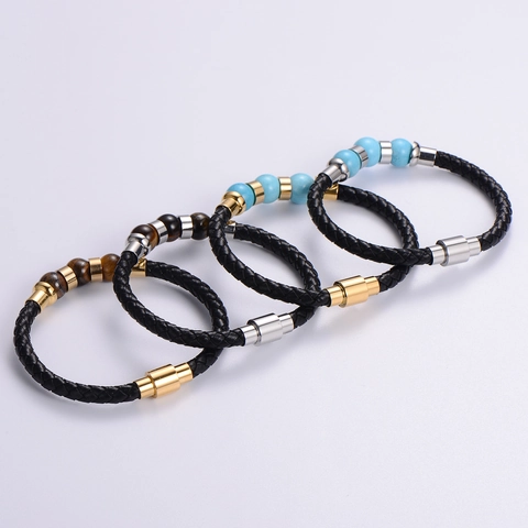 Men Braided Leather Bracelet Natural Stone Beads 316L Stainless Steel Magnetic Clasp Vintage Punk Style