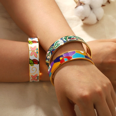 Stainless Steel Enamel Bangle Bracelet For Women Colorful Geometric Floral Pattern Painted Gold Plated Fashion Jewelry