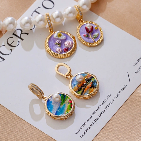 Ciondoli In Smalto Stile Pittura Ad Olio Vintage Fiori E Paesaggi Pendenti In Rame Placcato Oro DIY Con Perla Artificial Sintetica