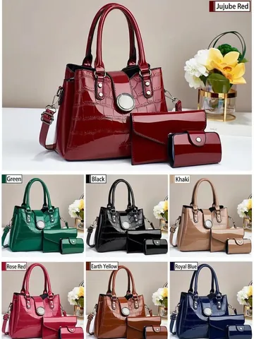 Fashion Women PU Patent Leather Crocodile Pattern Tote Handbag Crossbody Bag Clutch And Purse Elegant Glossy Commuter