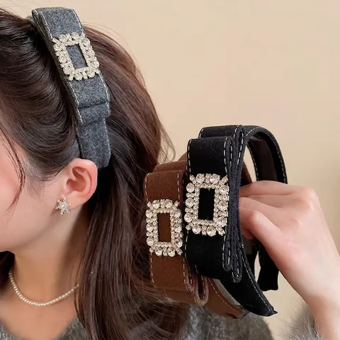 Vintage Breites Stirnband Mit Strass Quadratschnalle Beflockung Woll Haarband Für Damen Retro Elegant