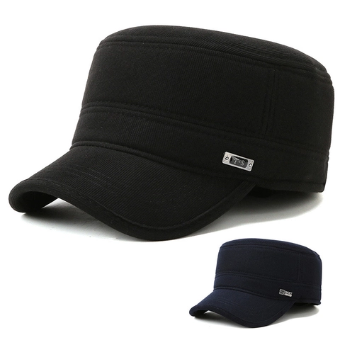 Men's Winter Cadet Cap Thickened Warm Military Hat With Foldable Ear Flaps Adjustable Woolen Flat Top Outdoor Casual