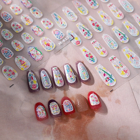 3D Embossed Nail Art Stickers Self Adhesive Retro Stained Glass Flower Butterfly Design Ultra Thin Decals DIY