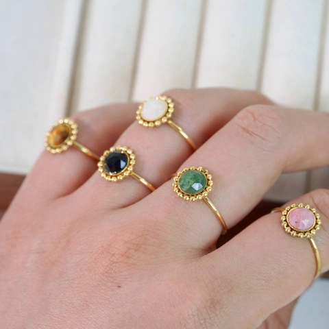 French Retro Natural Stone Open Ring Stainless Steel Adjustable Colorful Gemstone Beaded Edge Polished Jewelry For Women