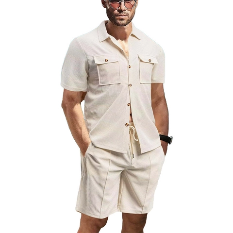 Herren Sommer Amerikanische Arbeitskleidung Waffelstrick Hemd Und Shorts Zweiteiler Oberteil Und Hose Lässig Lose Kurzarm Hemd Set