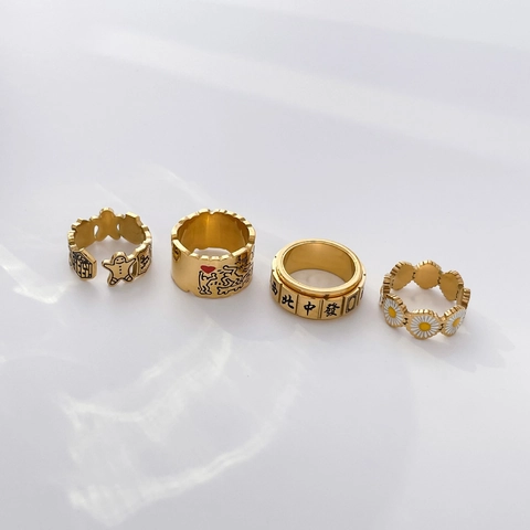 Vintage Titanstahl Ring Drehbar Mahjong Gänseblümchen Emaille Graffiti Lebkuchenmann Breites Band Fingerschmuck Damen