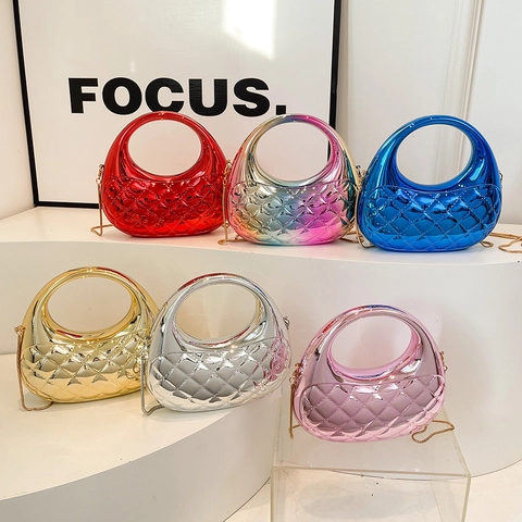 Abendtasche Aus Metallischem Spiegel Acryl Gesteppte Clutch Mit Hohlem Rundem Griff Und Kettenriemen Für Damen Party