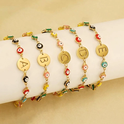 Evil Eye Armband 18K Verguld Roestvrij Staal Kleurrijk Emaille Turkse Initialen Letter Hanger Mode Sieraden Voor Dames