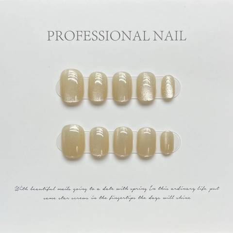 Handmade Press On Nails Cat Eye Effect Short Square Round Laser Sparkling Champagne Gold Professional Nail Art For Women