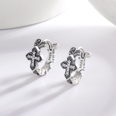 Gotische Kreuz-Creolen 925 Sterling Silber Mit Zirkonia Vintage Punk Stil Schmuck Für Herren Und Damen
